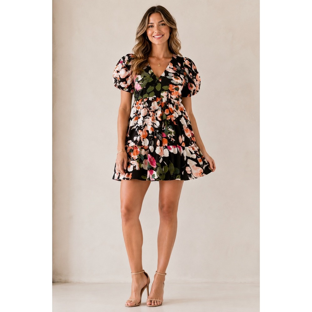 Entro Floral Babydoll Mini Dress V-Neck Puff Sleeve Boho Cottagecore Black Med